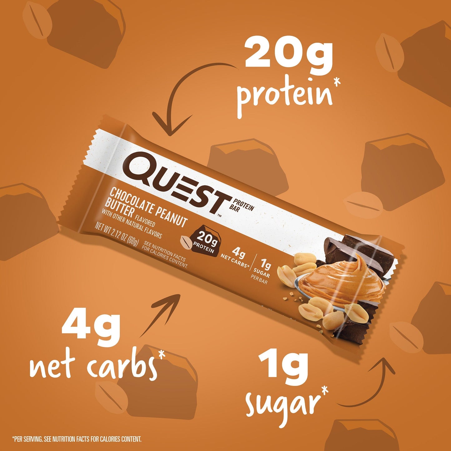 Chocolate Peanut Butter Protein Bar; 20g protein*, 4g net carbs*, 1g sugar*