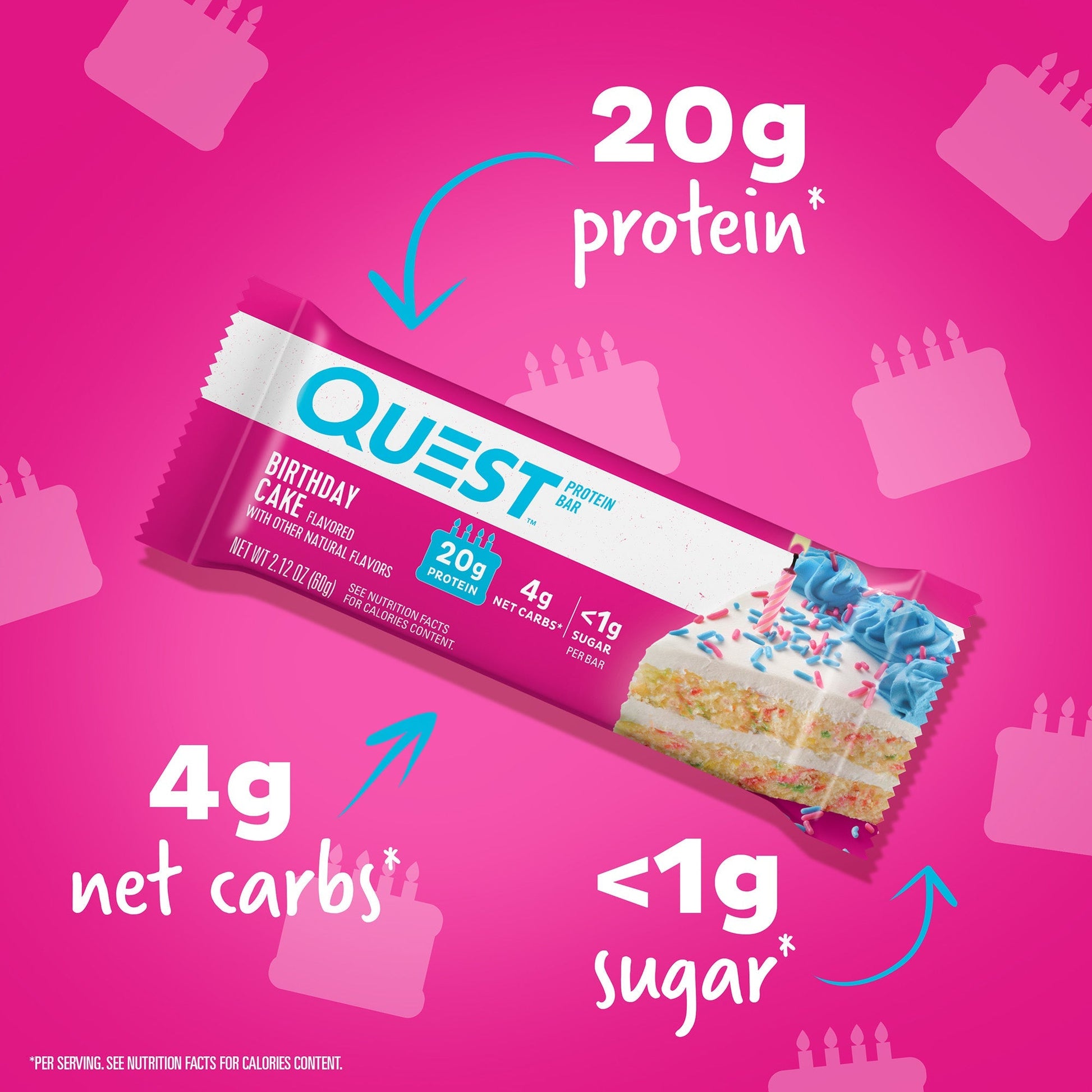 Birthday Cake Protein Bars; 20g protein*, 4g net carbs*, <1g sugar*