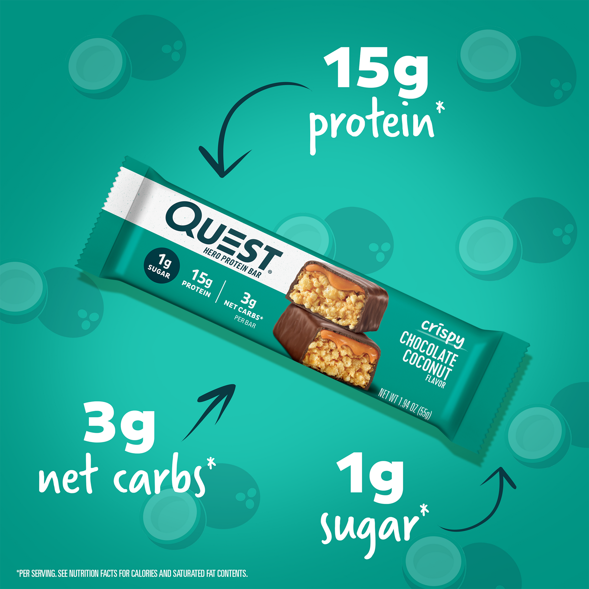 Chocolate Coconut Hero Protein Bars; 15g protein*, 3g net carbs", 1g sugar*